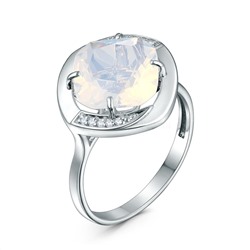 Кольцо из серебра с плавленым кварцем цвета лунный молочный и фианитами родированное