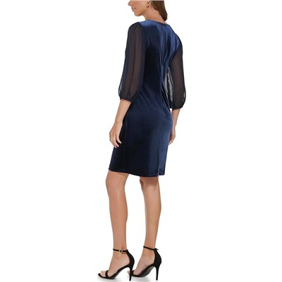 DKNY Velvet Side Ruched Dress with Chiffon Sleeve
