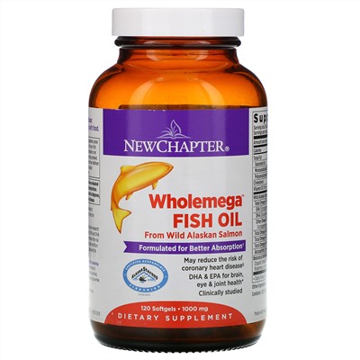 New Chapter, Wholemega Fish Oil, From Wild Alaskan Salmon, 1,000 mg, 120 Softgels