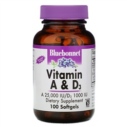 Bluebonnet Nutrition, Витамины A и D3, 100 гелевых капсул