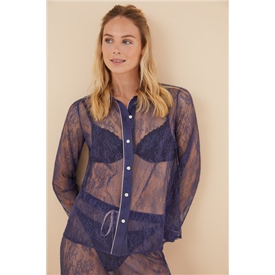 Pijama camisero largo encaje azul