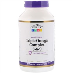 21st Century, Triple Omega Complex 3-6-9, 180 мягких желатиновых капсул с кишечнорастворимой оболочкой