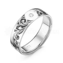 Кольцо обручальное из серебра с ручной гравировкой и фианитом родированное