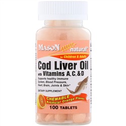 Mason Natural, Chewable Cod Liver Oil with Vitamins A, C, & D, Artificial Orange Flavor, 100 Tablets