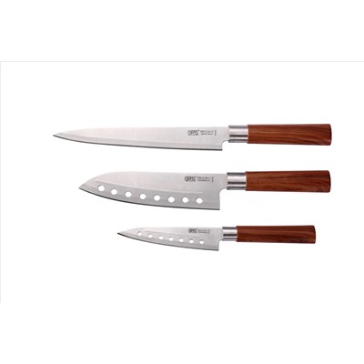 9864 GIPFEL Набор ножей JAPANESE из 3шт в деревянном боксе. Состав: нож разделочный 20см, нож сантоку 18см, нож универсальный 13см. Материал лезвия: X30Cr13. Материал ручки: полипропилен.