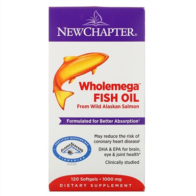 New Chapter, Wholemega Fish Oil, From Wild Alaskan Salmon, 1,000 mg, 120 Softgels