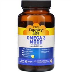 Country Life, Omega 3 Mood, натуральный ароматизатор со вкусом лимона, 90 мягких желатиновых капсул