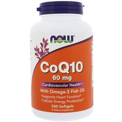 Now Foods, CoQ10 с рыбьим жиром, содержащим омега-3, 60 мг, 240 мягких желатиновых капсул