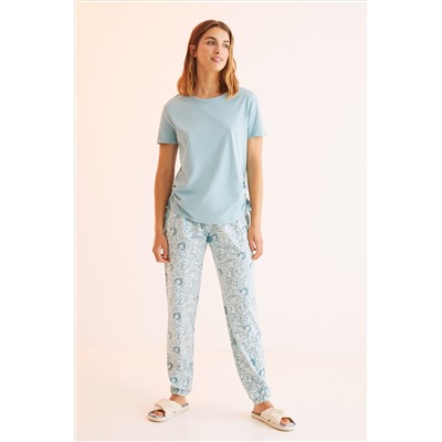 Pijama largo 100% algodón fruncidos azul