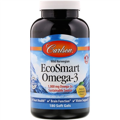 Carlson Labs, EcoSmart Omega-3, натуральный ароматизатор «Лимон», 1000 мг, 180 мягких таблеток