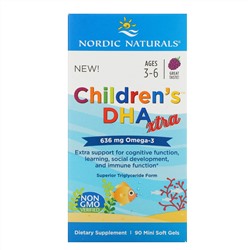 Nordic Naturals, Children's DHA Xtra, со вкусом ягод, для детей в возрасте 3–6 лет, 636 мг, 90 желатиновых мини-капсул