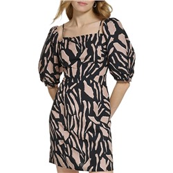 DKNY Short Sleeve Printed Linen Shoulder Strap Midi Dress