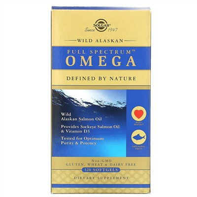 Solgar, Омега Full Spectrum, жир дикого аляскинского лосося, 120 мягких таблеток