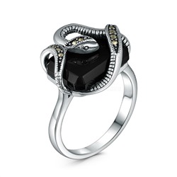 Кольцо из чернёного серебра с натуральным ониксом и марказитами - Змея HR1872-ON