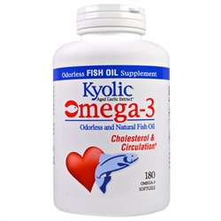 Kyolic, омега-3 жирные кислоты, натуральный рыбий жир без запаха, 180 мягких таблеток с омега-3 жирными кислотами
