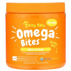 Zesty Paws, Omega Bites, добавка для собак, для любого возраста, со вкусом курицы, 90 мягких жевательных таблеток