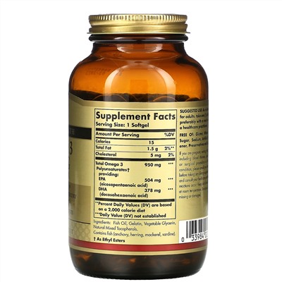 Solgar, Омега-3 ЭПК и докозагексановая кислота, Тройная сила, 950 мг, 100 капсул