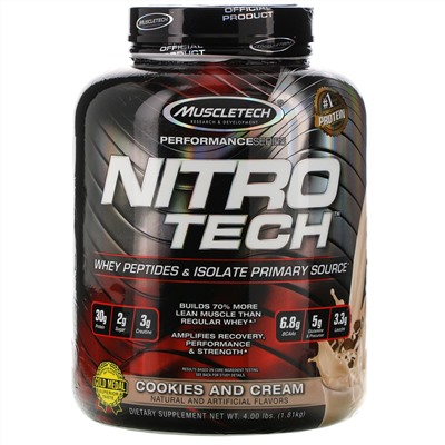 Muscletech, Nitro Tech, сывороточный изолят + смесь для роста сухой мышечной массы, вкус печенья с кремом, 1,80 кг (3,97 фунта)