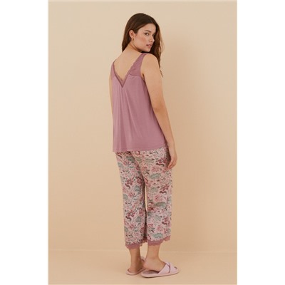 Pijama tirantes pantalón Capri flores viscosa satén