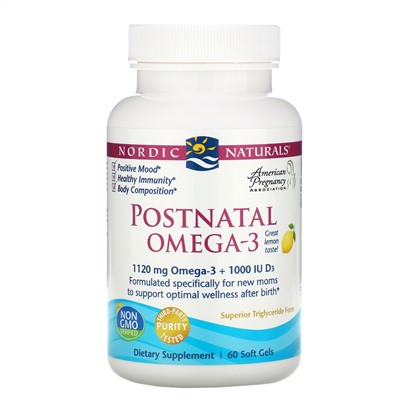Nordic Naturals, Postnatal Omega-3, Lemon, 1,120 mg, 60 Soft Gels