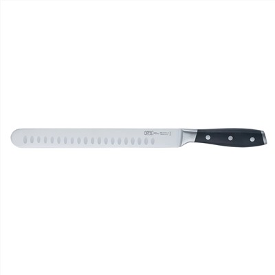 50579 GIPFEL Нож c выточками для тонкой нарезки HORECA PRO 25см, кованый. Материал лезвия: сталь X30CR13. Материал ручки: пластик ABS. Толщина: 2,3 мм.