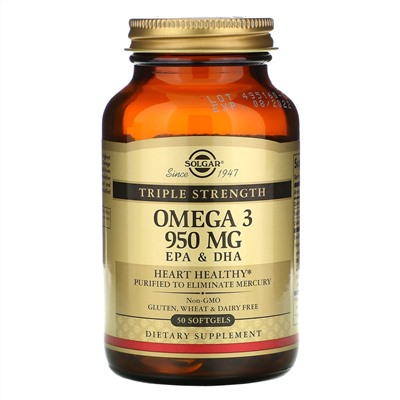 Solgar, омега-3, ЭПК и ДГК, тройной концентрации, 950 мг, 50 капсул