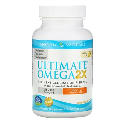 Nordic Naturals, Ultimate Omega 2X с витамином D3, лимон, 60 мягких желатиновых капсул