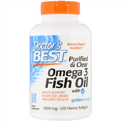 Doctor's Best, Очищенный и прозрачный рыбий жир с омега-3, Goldenomega, 1000 мг, 120 рыбно-желатиновых мягких капсул
