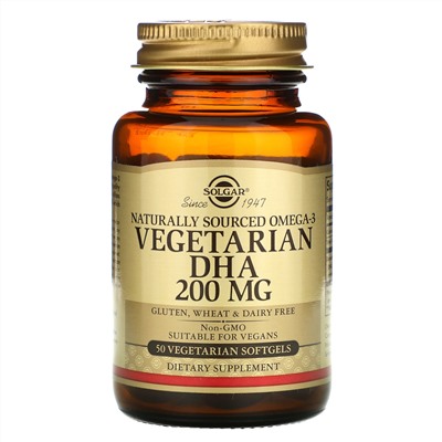Solgar, Натуральная Омега-3, ДГК растительного происхождения, 200 мг, 50 вегетарианских мягких желатиновых капсул