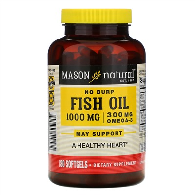 Mason Natural, No Burp Fish Oil, 1,000 mg, 180 Softgels