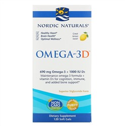 Nordic Naturals, Omega-3D, со вкусом лимона, 1000 мг, 120 мягких желатиновых капсул
