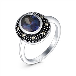 Кольцо из чернёного серебра с плавленым кварцем цвета мистик и марказитами GAR0210м