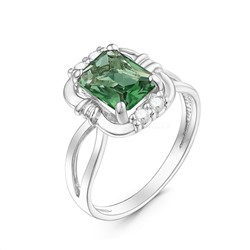 Кольцо из серебра кристаллом аметист зелёный и фианитами родированное