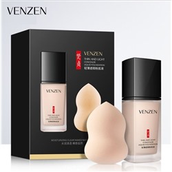 Набор VENZEN, Легкий, выравнивающий тон кожи консилер + спонж для макияжа и контурирования лица, тон натуральный бежевый, 30 мл, 1 шт.