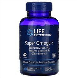 Life Extension, Super Omega-3 EPA/DHA Fish Oil, Sesame Lignans & Olive Extract, 60 Enteric Coated Softgels