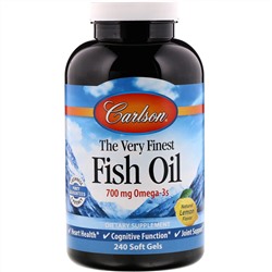 Carlson Labs, Рыбий жир с натуральным лимонным вкусом «The Very Finest Fish Oil», 700 мг, 240 мягких желатиновых капсул
