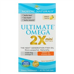 Nordic Naturals, Ultimate Omega 2X с витамином D3, лимон, 60 мягких мини-таблеток