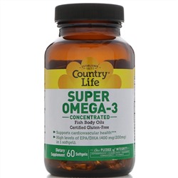 Country Life, Супер омега-3, концентрированный препарат, 60 мягких желатиновых капсул