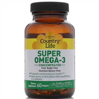 Country Life, Супер омега-3, концентрированный препарат, 60 мягких желатиновых капсул