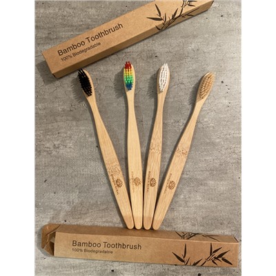 Детская Зубная щетка из бамбука, щетина с угольным напылением,bamboobrush, ​1 шт. (средняя жесткость), круглая ручка. цвета в ассортименте.