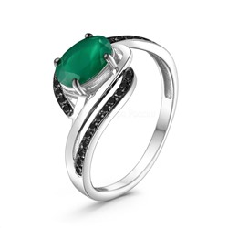 Кольцо из серебра с натуральным зелёным агатом и фианитами родированное