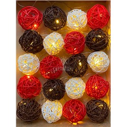 Гирлянды из 50 ротанговых шариков "Красно-коричнево-белая"