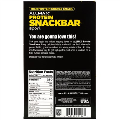 ALLMAX Nutrition, Энергетический снек с высоким содержанием протеина, протеиновый батончик, арахисовая паста с шоколадом, 12 батончиков по 57 г (2 унции)