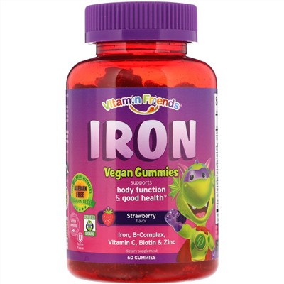 Vitamin Friends, Веганские жевательные конфеты с железом, ароматизатор со вкусом клубники, 60 жевательных конфет с пектином