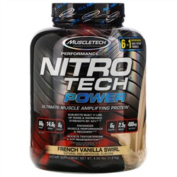 Muscletech, Nitro Tech Power, сывороточный протеин для увеличения мышц, французская ваниль, 1,81 кг (4,00 фунта)