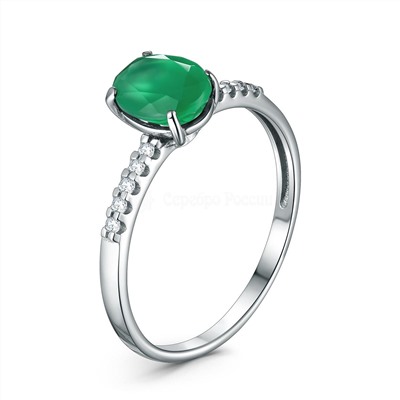 Кольцо из серебра с натуральным зелёным агатом и фианитами родированное 1-503р40900