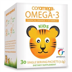 Coromega, Kids, Omega-3, тропический апельсин + витамин D, 30 одноразовых пакетиков (2,5 г)