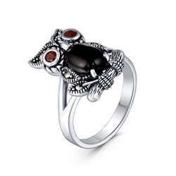 Кольцо из чернёного серебра с натуральным ониксом, натуральным гранатом и марказитами - Сова HR1487-ON