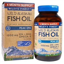 Wiley's Finest, Рыбий жир из дикой рыбы с Аляски, максимум ЭПК, 1250 мг, 120 мягких капсул из рыбного желатина