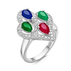 Кольцо из серебра с пл.зелёным кварцем, пл.кварцем цв.рубин, цв.сапфир и фианитами родированное